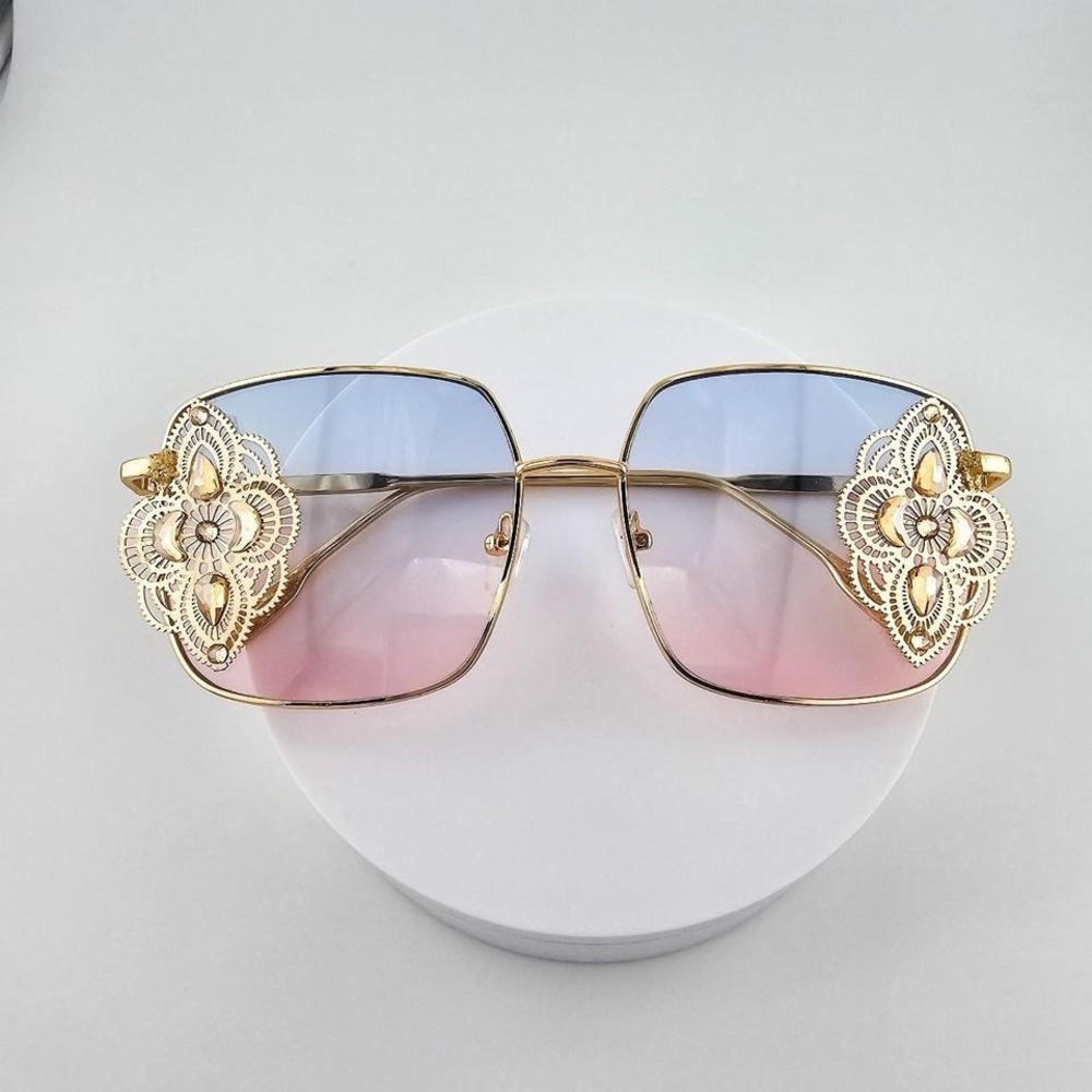 Rave Festival New Oversized Square Sunglasses Gold Pink Blue New Filigree Floral